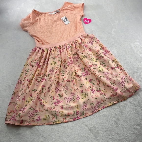 NWT Childrens Place 14, XL Peach Apricot Glow 3036742 SS Floral Dress - Picture 1 of 15